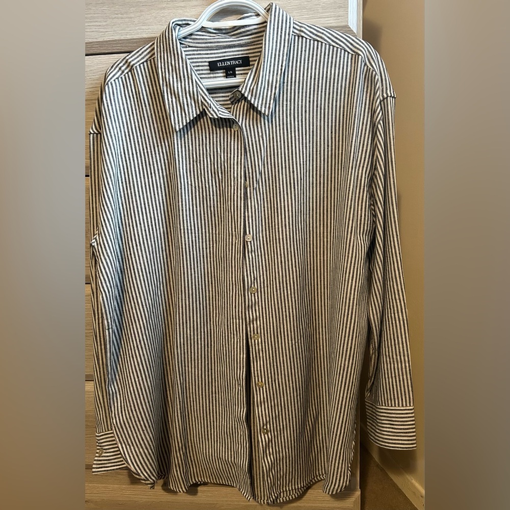 Joe Fresh Women's Long-Sleeve Button-Down Shirt in White and Navy Stripe
